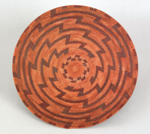 Appraisal: Pima coiled basketry tray ca with concentric zigzag circles l