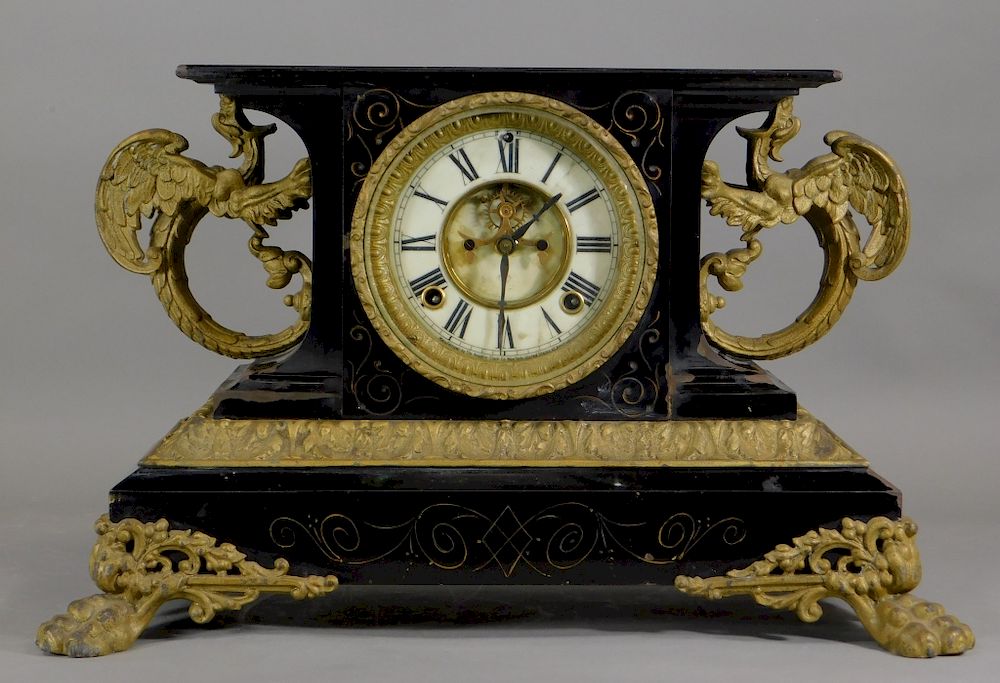 Appraisal: Ansonia Victorian Cast Iron Griffin Mantel Clock New York Circa