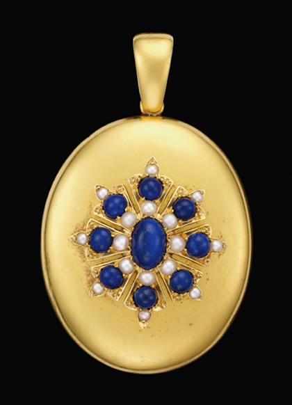 Appraisal: Lapis and seed pearl locket karat buffed yellow gold locket