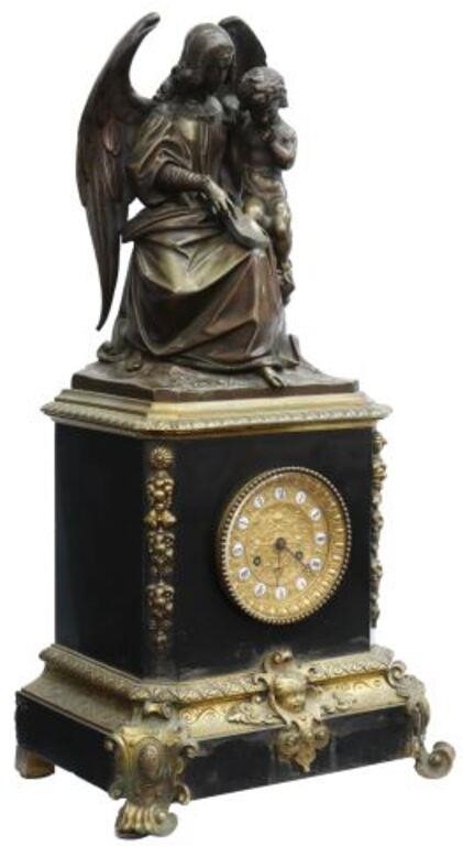 Appraisal: French figural mantel shelf clock th c patinated bronze figure