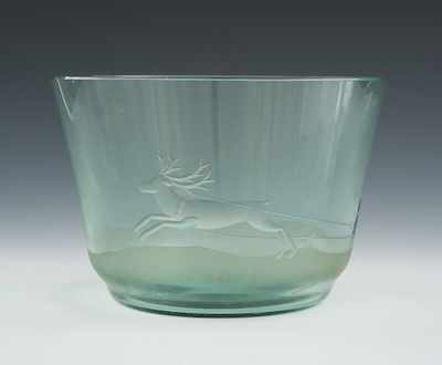 Appraisal: Green Etched Bowl with Sleigh in Winter Early th Century