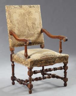 Appraisal: French Louis XIII Style Carved Walnut Fauteuil French Louis XIII