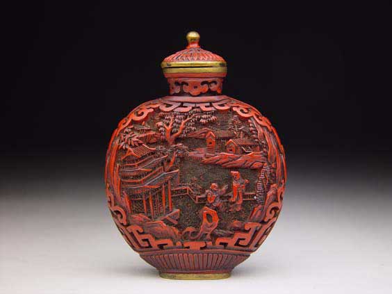 Appraisal: ANTIQUE LACQUER SNUFF BOTTLE Antique carved cinnabar lacquer snuff bottle