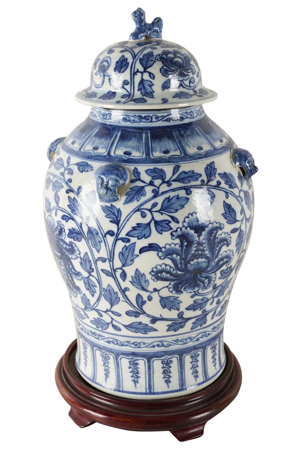 Appraisal: CHINESE BLUE WHITE PORCELAIN COVERED JARunmarked with wooden base Condition