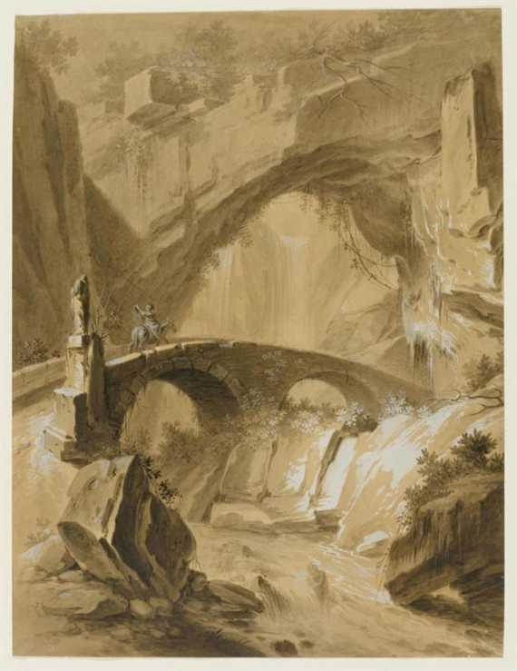 Appraisal: SWISS TH CENTURY Bridge over rushing creek with woman on