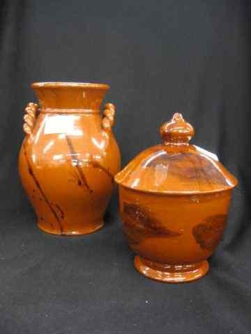 Appraisal: pcs Lester Breininger Redware Pottery '' covered jar '' vase