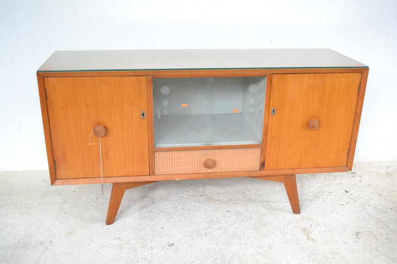 Appraisal: A 'S 'S AUSTRALIAN DESIGN BLONDEWOOD GLASS FRONT SIDEBOARD A