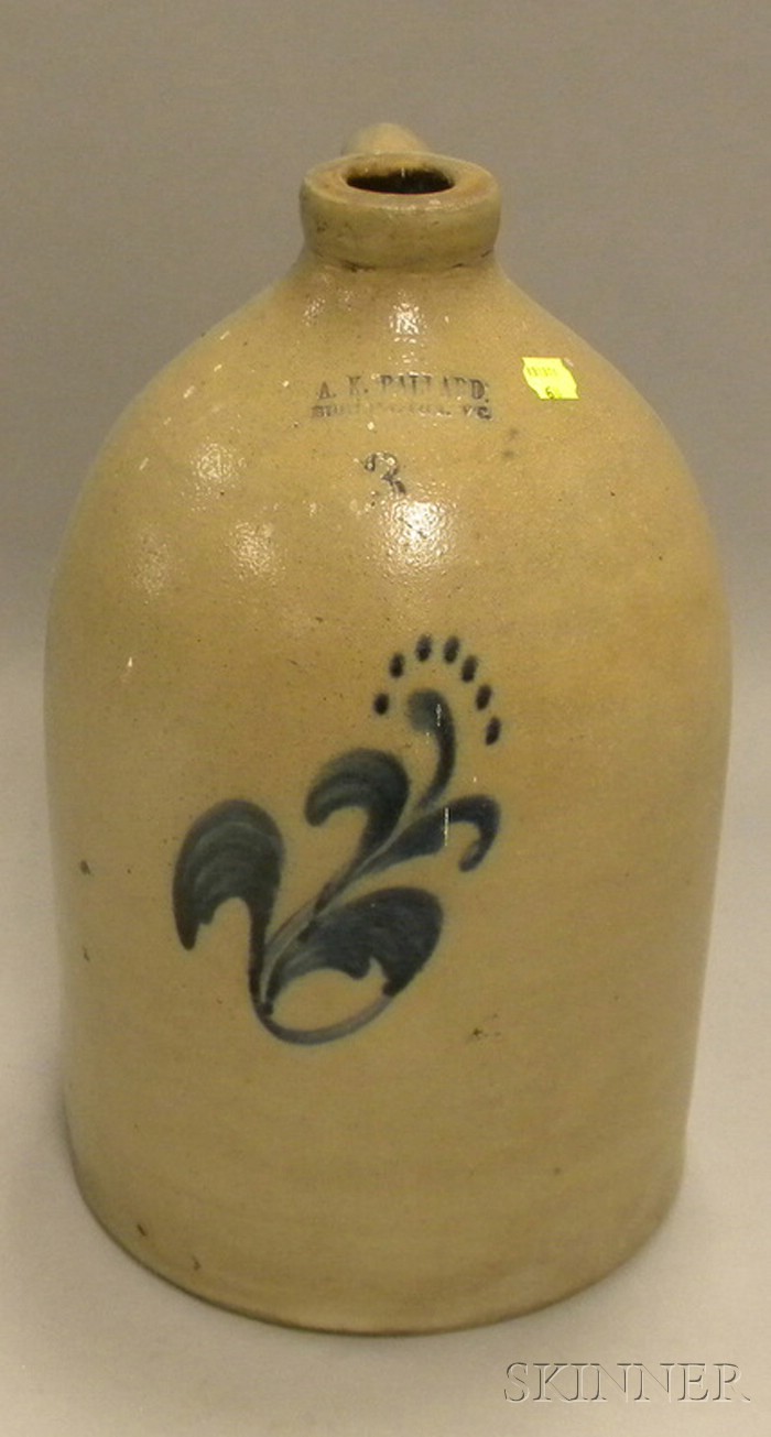 Appraisal: A K Ballard Burlington Vt Cobalt Floral-decorated Three-gallon Stoneware Jug