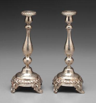 Appraisal: Pair German silver candlesticks scroll and foliate borders feet engraved