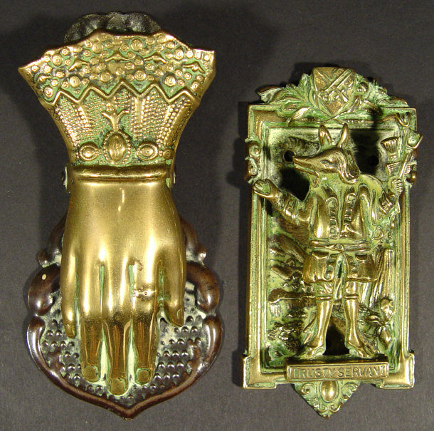 Appraisal: Brass trusty servant door knocker together with a Victorian brass