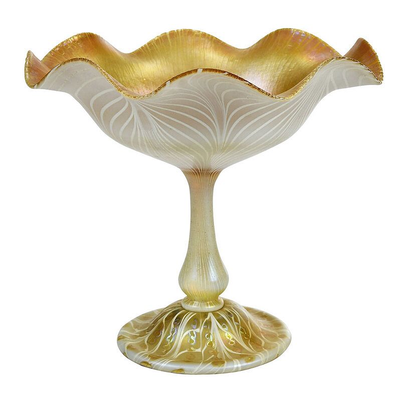 Appraisal: Quezal Iridescent Opal Art Glass Compote American early th century