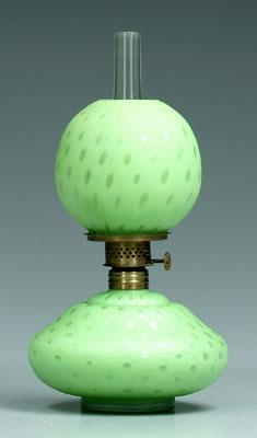 Appraisal: Miniature green satin glass lamp mother-of-pearl raindrop pattern - in