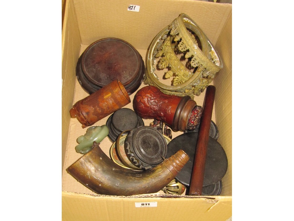 Appraisal: Box lot of miscellania to include Chinese hardwood stands horn