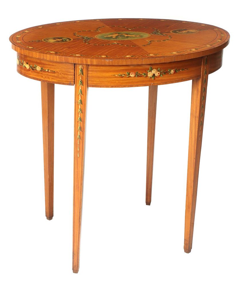 Appraisal: A HIGHLY FIGURED SATINWOOD TABLE WITH PAINT DECORATION The oval