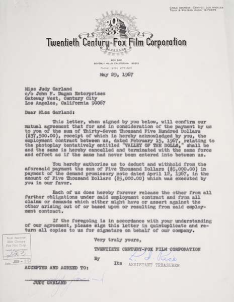 Appraisal: JUDY GARLAND Typed letter signed by Garland agreeing to the