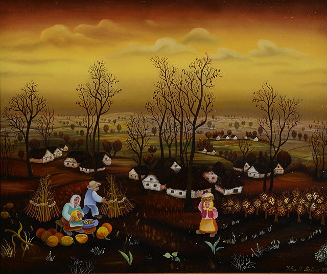 Appraisal: IVKA MATINA MARINKOVIC b Naive landscape with figures harvesting pumpkins