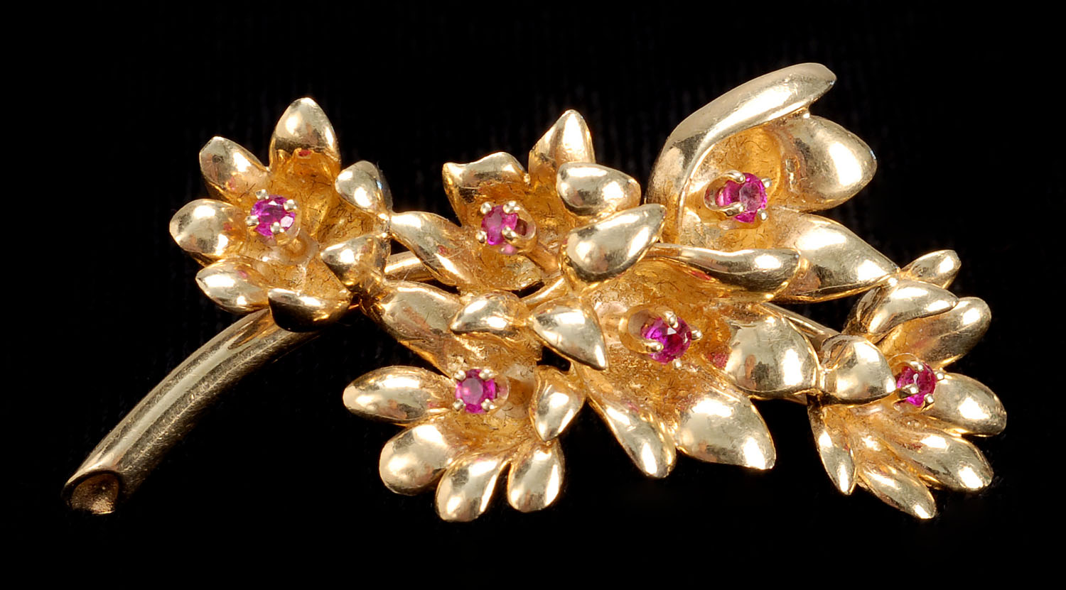 Appraisal: TIFFANY KT YELLOW GOLD AND RUBY BROOCH In flowering tree