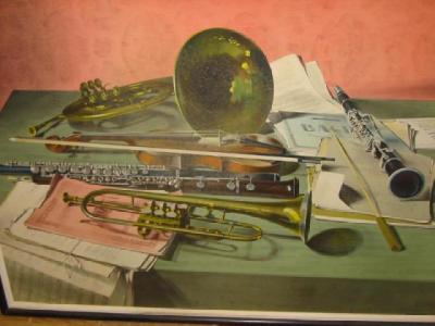 Appraisal: BARNETT FREEDMAN Still Life with Musical Instruments coloured lithograph x