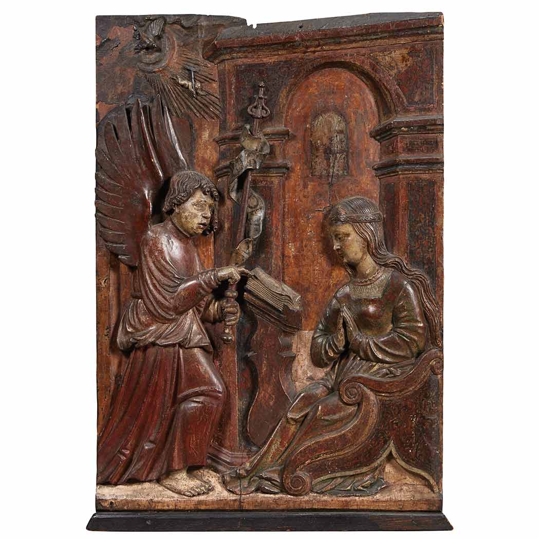 Appraisal: Continental Polychrome Painted Gessoed Wood Panel of the Annunciation Probably