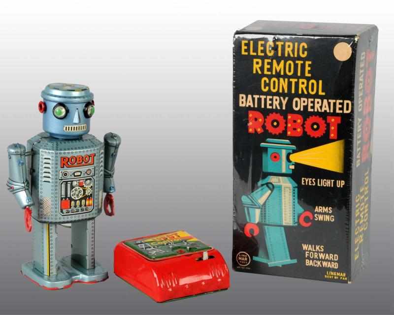 Appraisal: Tin Linemar R- Robot Battery-Operated Toy Description Japanese Working Remote