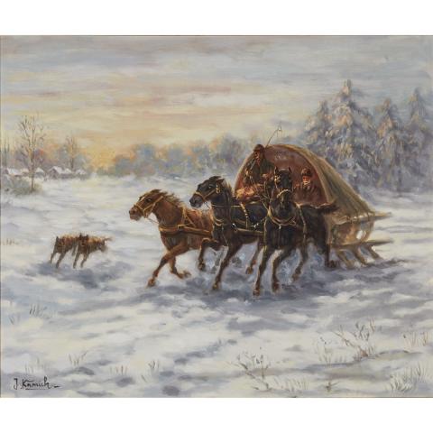 Appraisal: Jaroslav Kamich - SLEIGH PURSUED BY WOLVES Polish Oil on