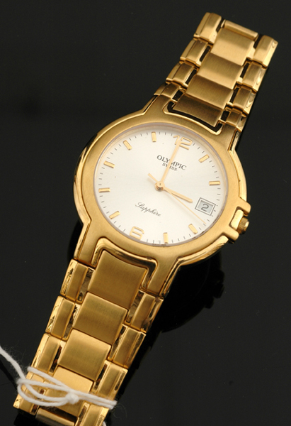 Appraisal: GENTS OLYMPIC GOLD PLATED WRISTWATCH WITH DATE AT THREE TO