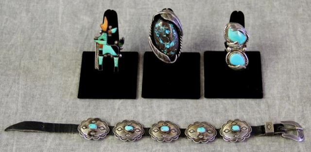 Appraisal: JEWELRY Southwest Silver Jewelry Grouping Includes a large turquoise shadow