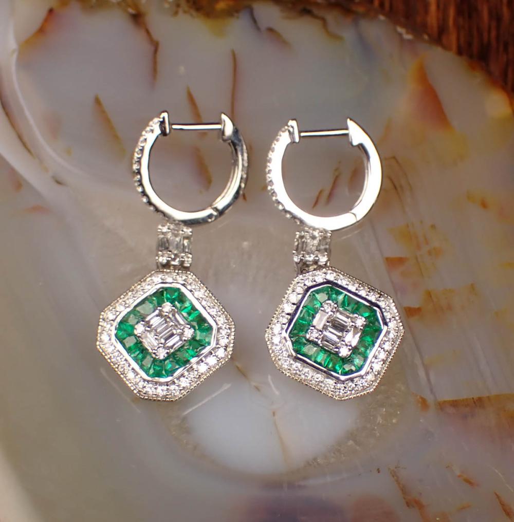 Appraisal: PAIR OF DIAMOND AND EMERALD DANGLE EARRINGS each k white