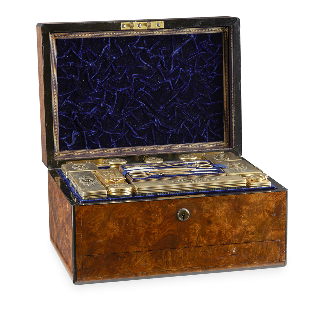 Appraisal: VICTORIAN WALNUT DRESSING CASE HALLMARKED LONDON fitted with silver-gilt mounted