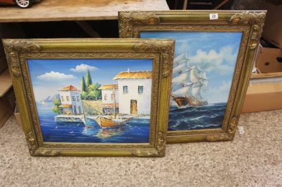 Appraisal: Two Large Modern Oil On Canvas Paintings of Sailing Ships