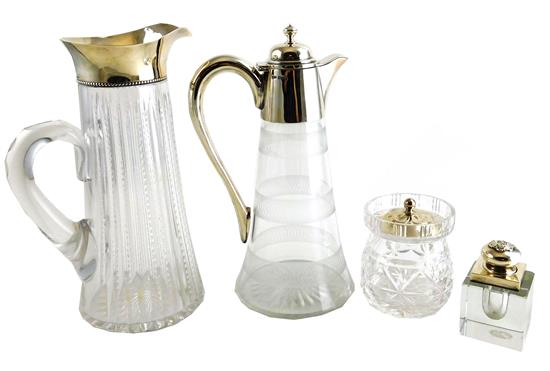 Appraisal: GLASS Four glass vessels with sterling hardware cut glass pitcher