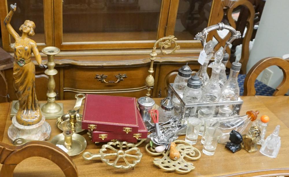 Appraisal: Collection of Assorted Metalcraft Including Candlesticks Trivets and Silverplate Cruet