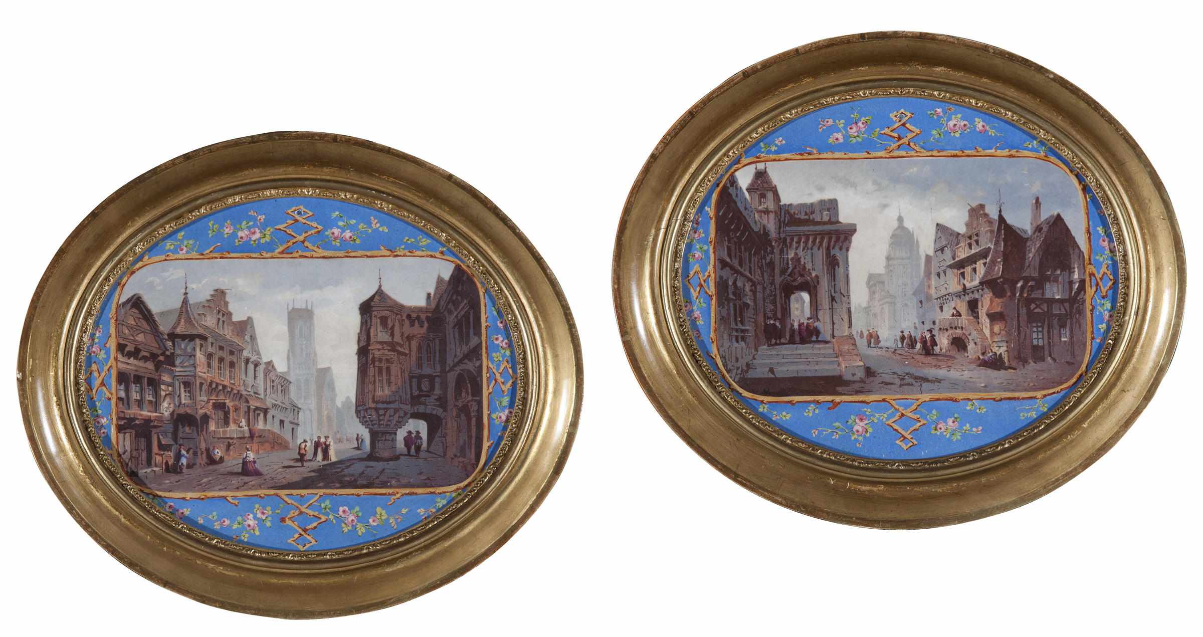 Appraisal: A pair of Svres style porcelain oval plaques in giltwood