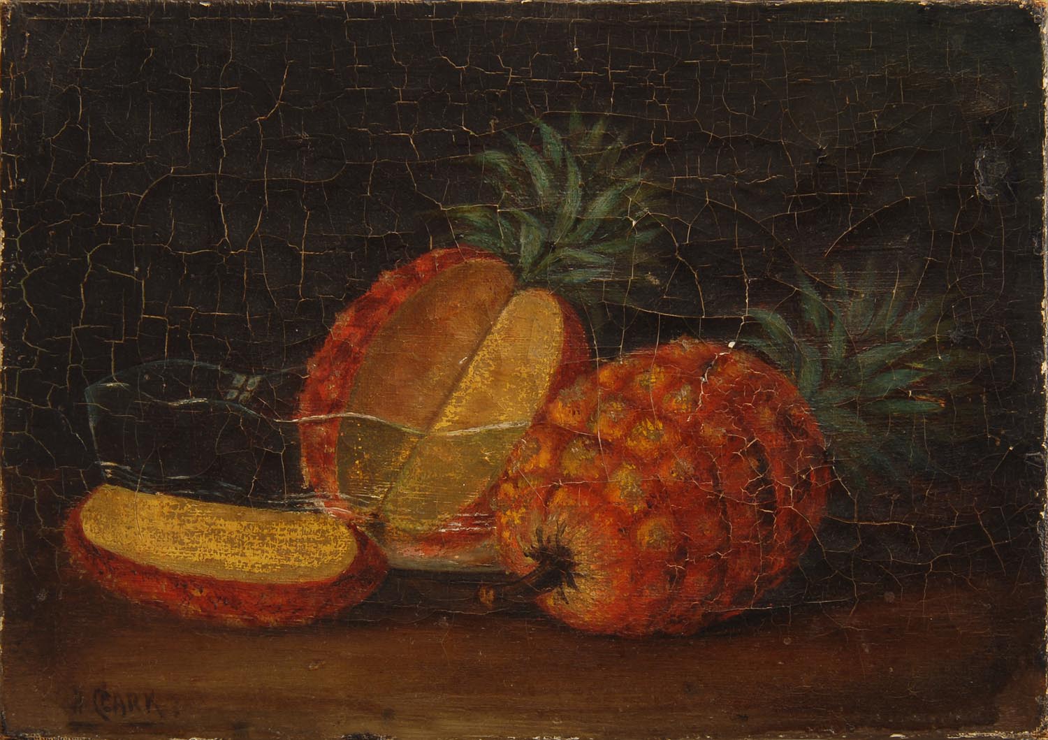 Appraisal: UNFRAMED PAINTING UNTRACED ARTIST Still life with pineapples Signed lower