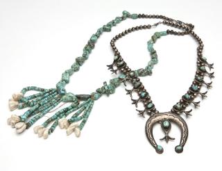 Appraisal: Two Native American turquoise necklaces A Navajo silver and turquoise