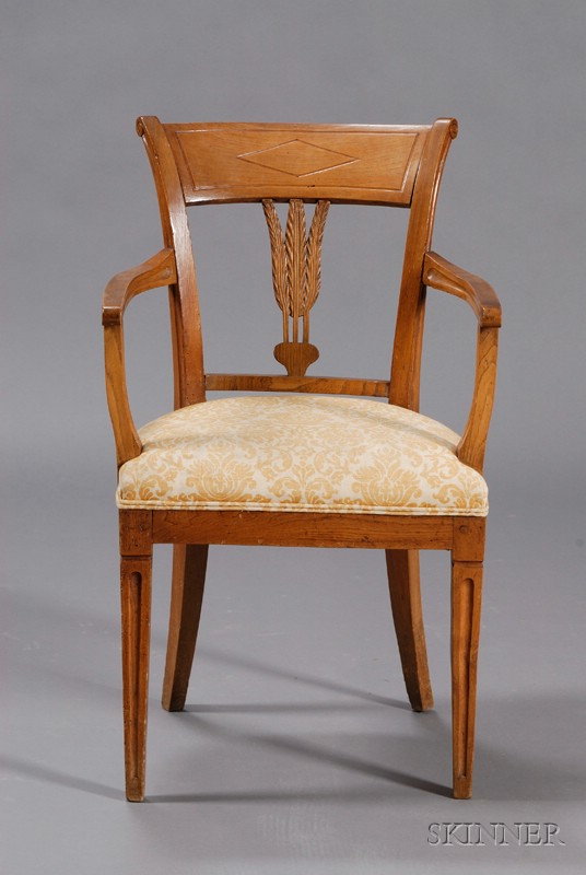 Appraisal: Italian Neoclassical Elmwood Open Armchair c backrest carved with wheat