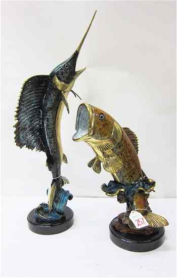 Appraisal: TWO MARINE WILDLIFE BRONZE SCULPTURES having marbleized polychrome enamel swordfish