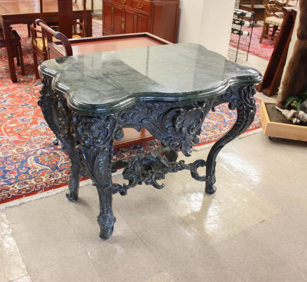 Appraisal: PATINATED BRONZE MARBLE-TOP CONSOLE TABLE with conformingly shaped dark green