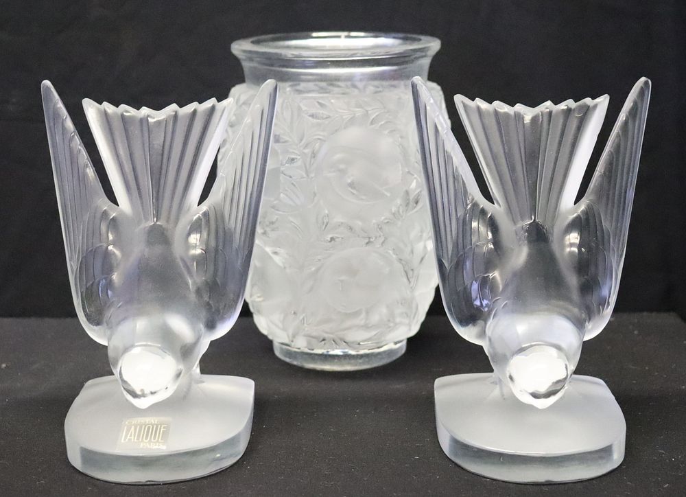 Appraisal: Lalique France Signed Pair Of Doves Together With A Vase