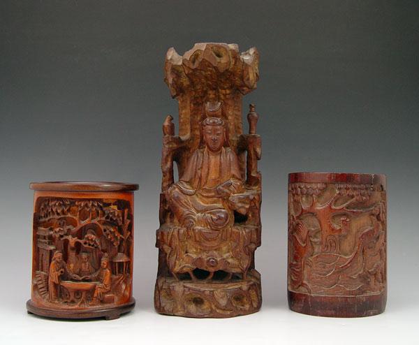 Appraisal: CHINESE CARVINGS Pierce carved boxwood pen pot ''h '' dia