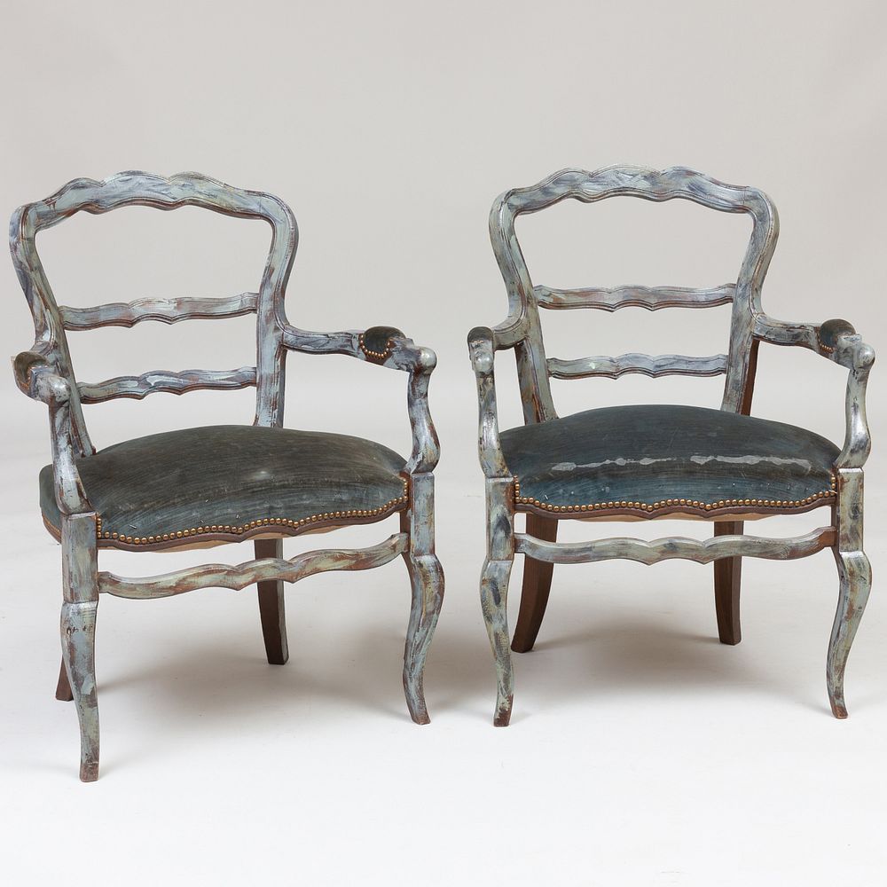 Appraisal: Pair of Louis XV Style Provincial Blue Painted Fauteuils en