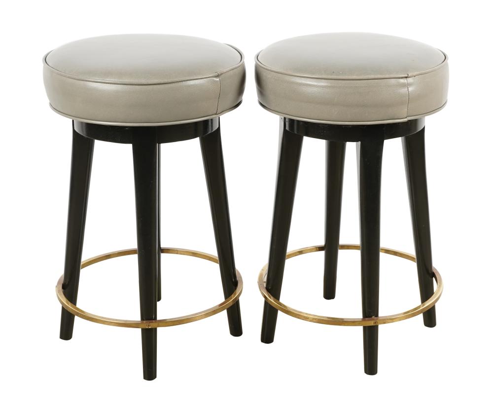 Appraisal: PAIR OF BARSTOOLSunsigned black-lacquered wood brass-finished metal and gray leather