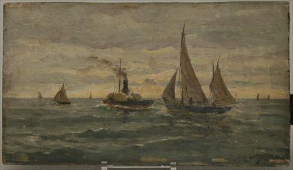 Appraisal: French School Ships at Sea Oil on Board Indistinctly Signed