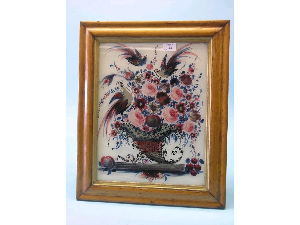 Appraisal: A Victorian reverse-painting on glass flower-filled cornucopia bird's-eye maple frame