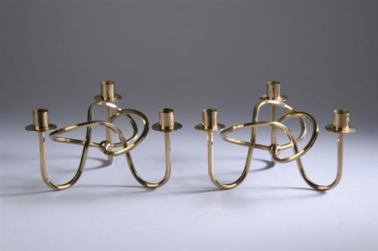 Appraisal: PAIR JOSEF FRANK BRASS THREE-LIGHT FRIENDSHIP KNOT CANDELABRA Circa s