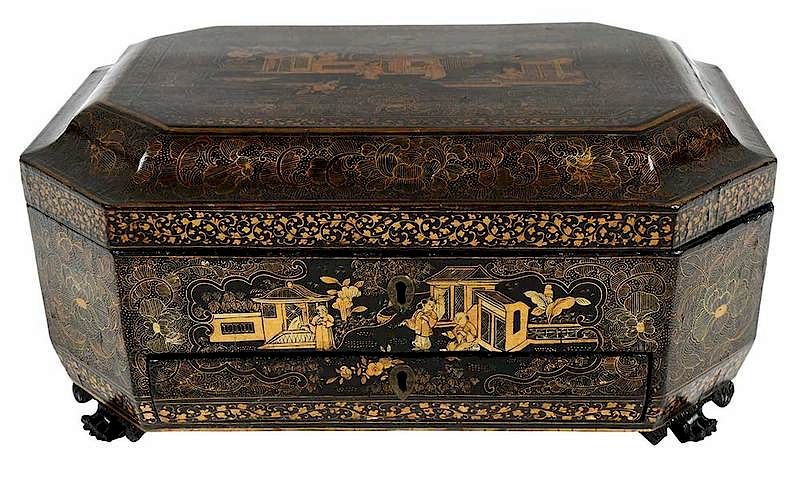 Appraisal: Chinese Lacquered Sewing Box Gilt Decoration Qing dynasty octagonal box