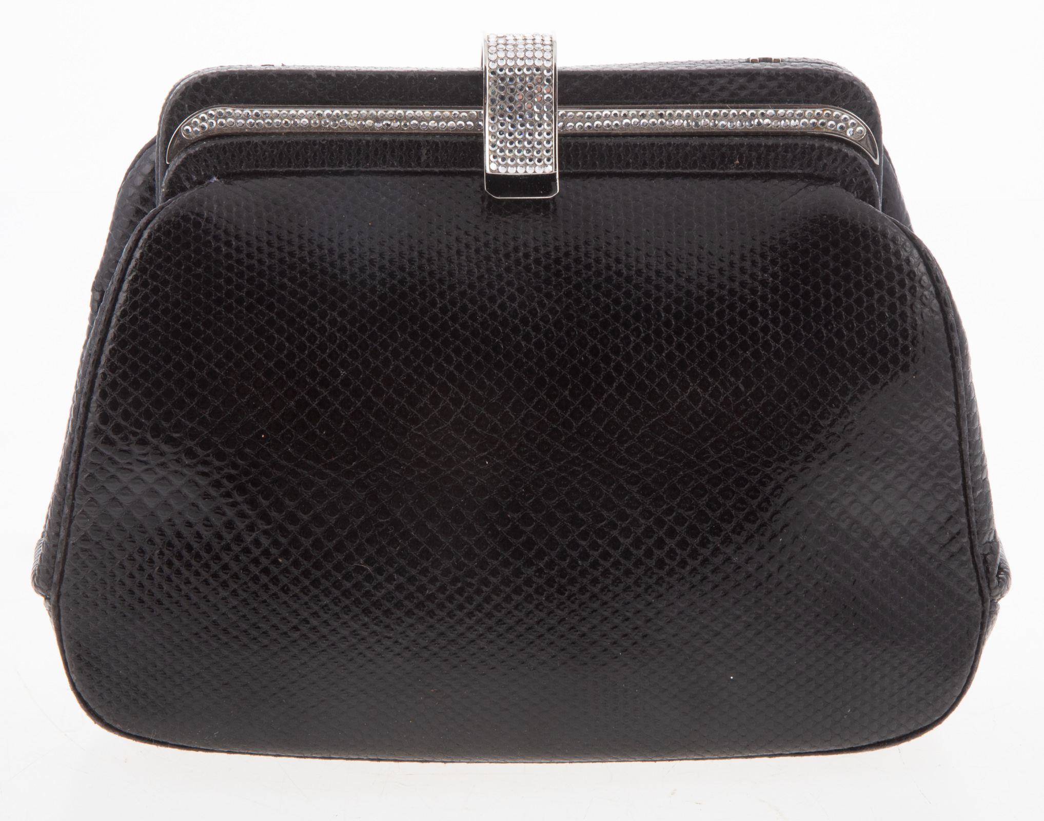 Appraisal: JUDITH LEIBER CRYSTAL AND BLACK LEATHER HANDBAG includes satin coin