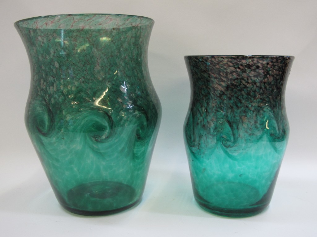 Appraisal: Two Strathearn green glass vases with gold aventurine