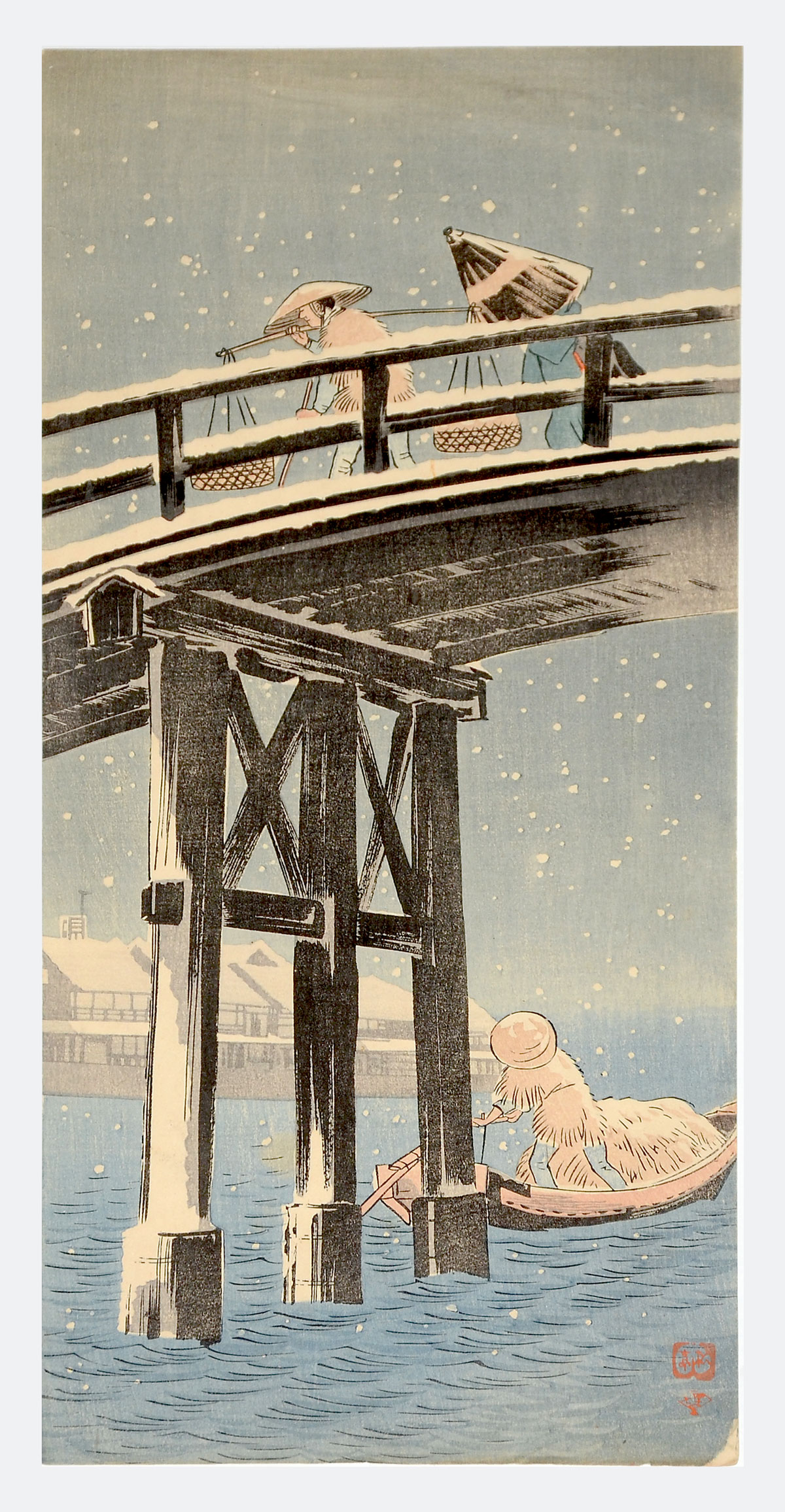 Appraisal: SHOTEI SNOW-COVERED BRIDGE JAPANESE WOODBLOCK PRINT Figures on a Snow-Covered