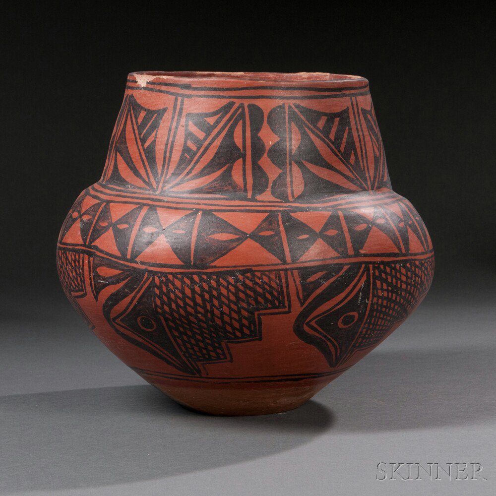 Appraisal: San Ildefonso Black-on-red Pottery Jar c early th century with